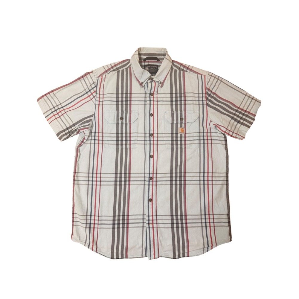 Carhartt Mens Large Tall Baby Blue Plaid Short Sleeve Button Down Shirt 105175